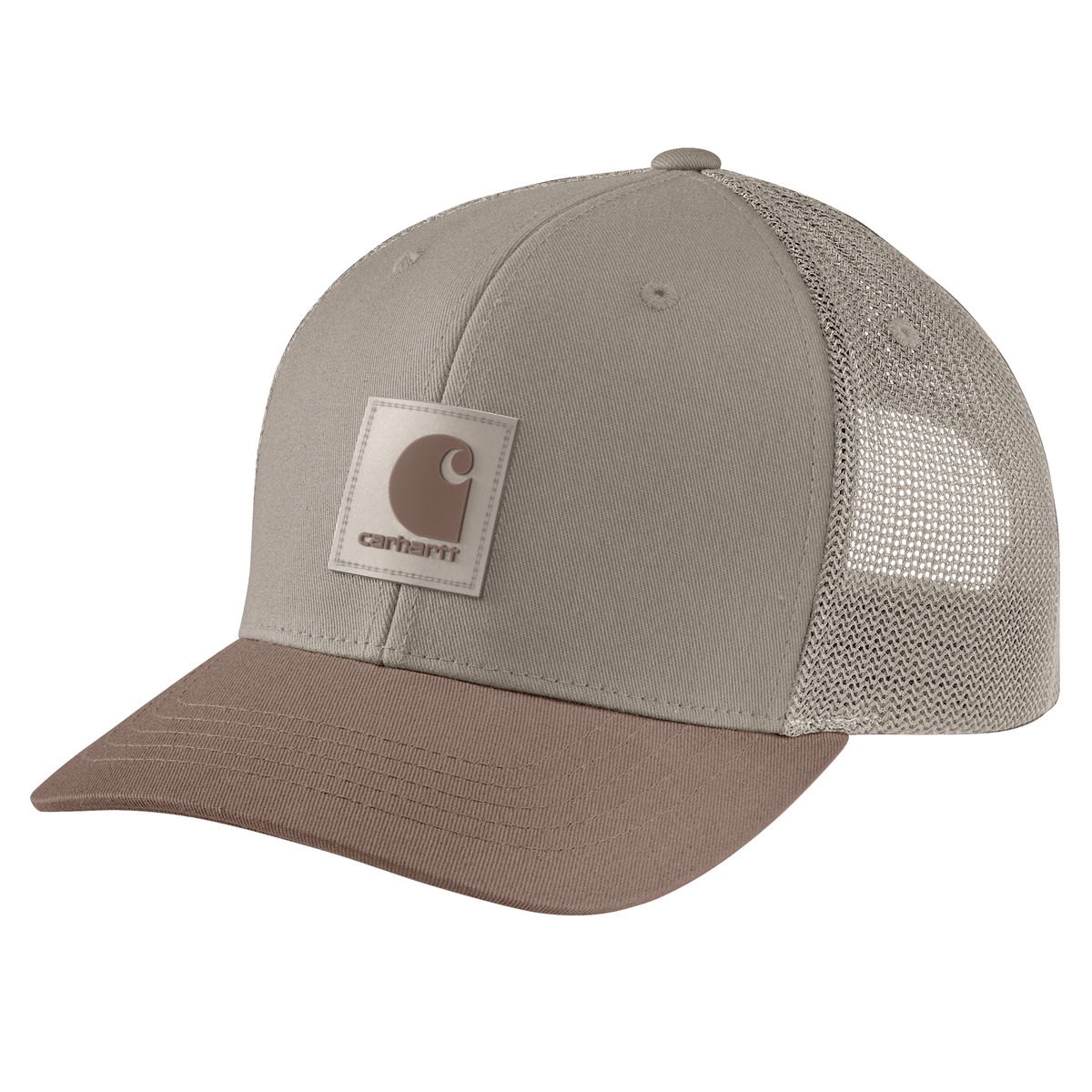 Carhartt men's Rugged Flex twill baseball cap with mesh back, logo patch, in gray dunes and stone brown.