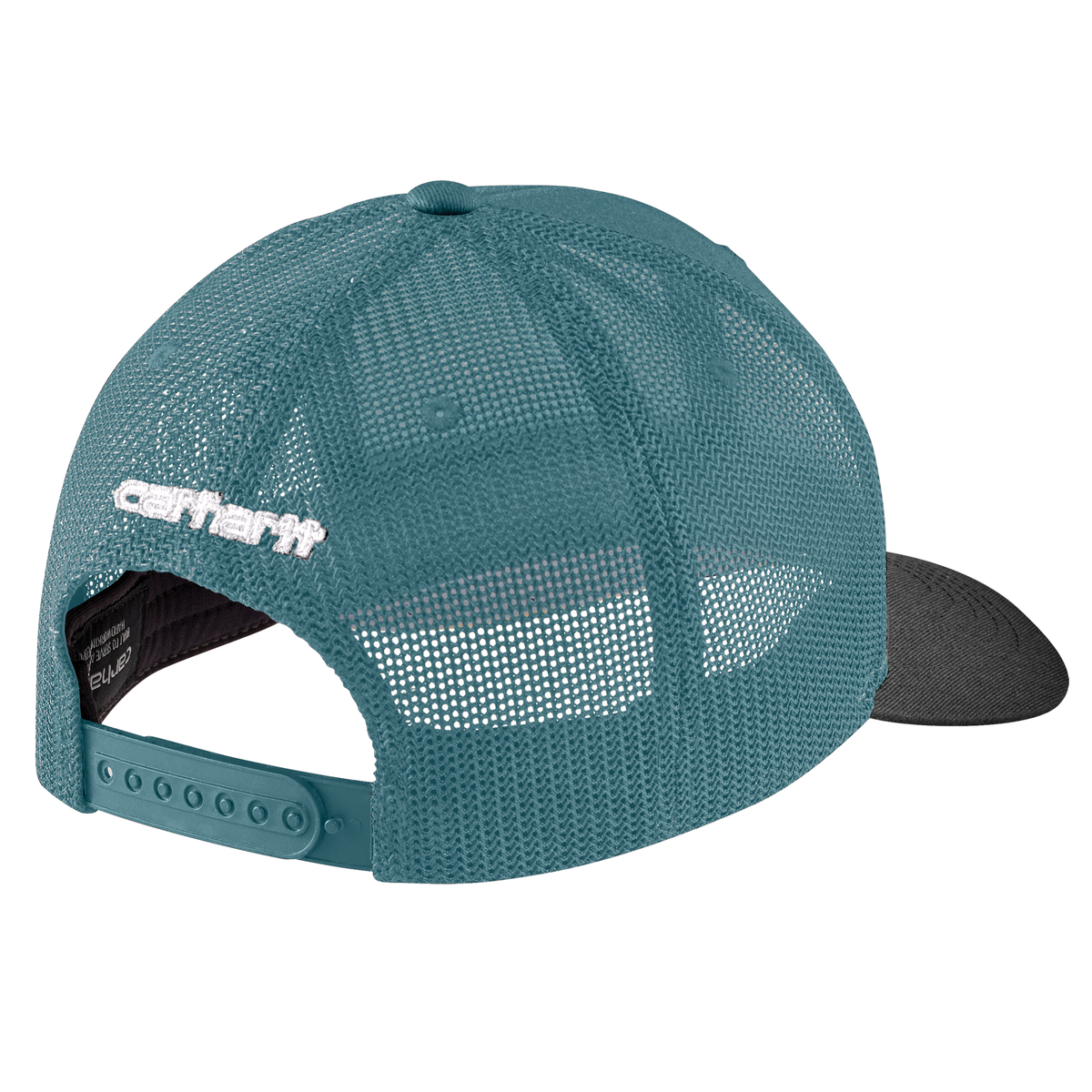 Carhartt men's Rugged Flex® twill mesh-back baseball cap with logo patch in Harbor Teal and Black, adjustable fit.