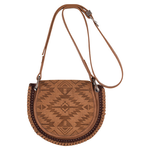 Catchfly ladies' tan saddle bag with Aztec embossed flap, whipstitched edge and adjustable crossbody strap