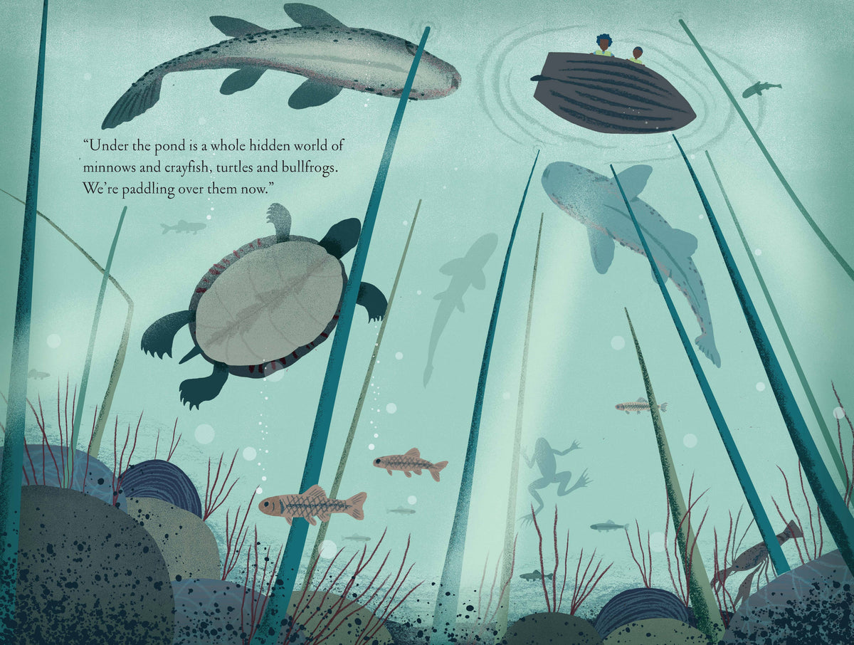 Children's book "Over and Under the Pond" by Chronicle Books showing colorful illustrations of pond life and children exploring nature.