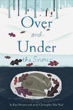 Illustration from Chronicle Books' "Over and Under the Snow," showing detailed snowy woodland scene with animals and winter landscape.