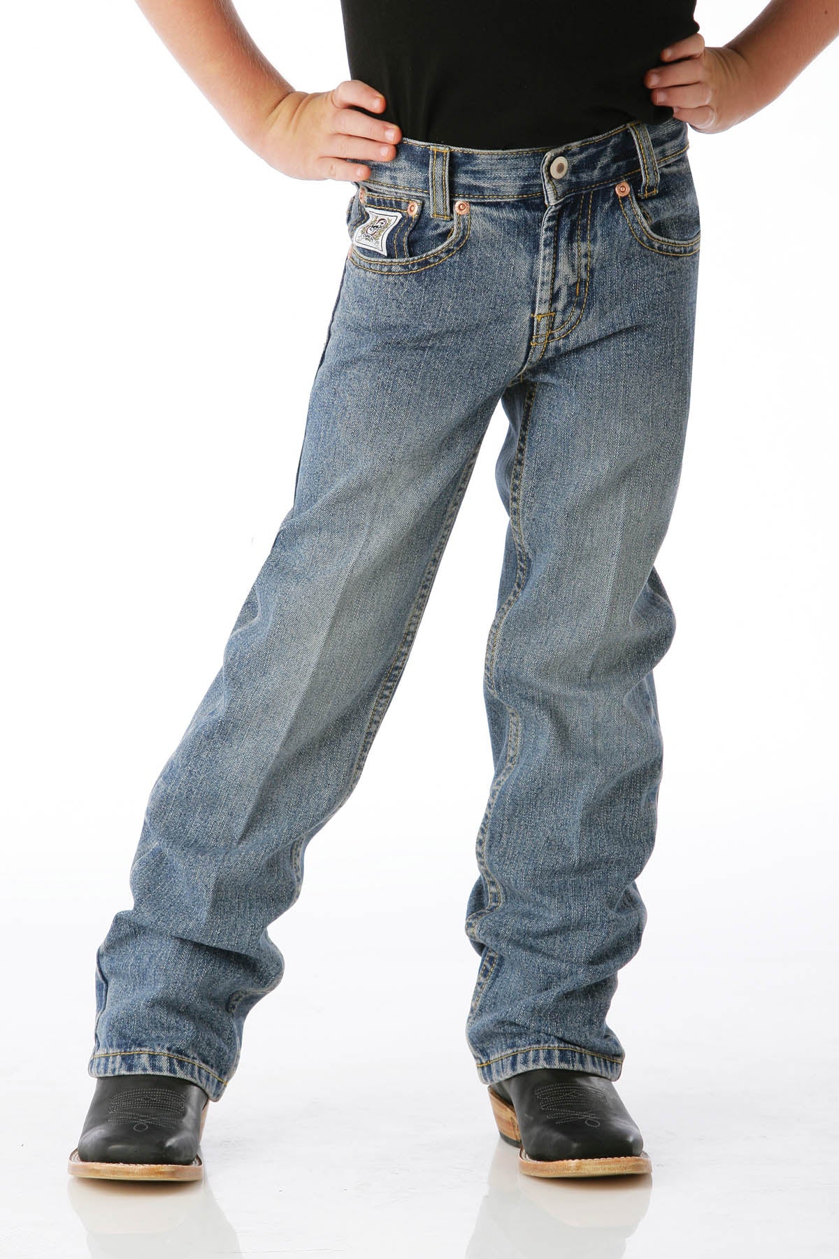 Cinch Boys' White Label Regular Fit Jean, Medium Stone – 3-4 front