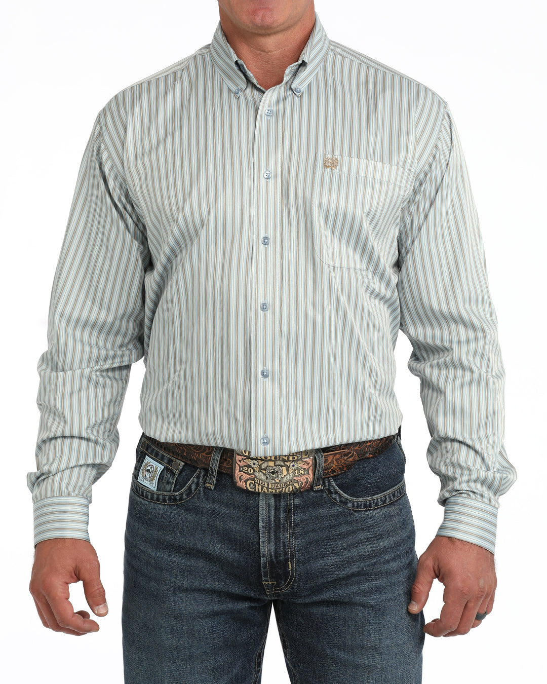 Cinch Men's Stripe Long Sleeve Classic Fit Button-Down Western Shirt, Light Blue – front
