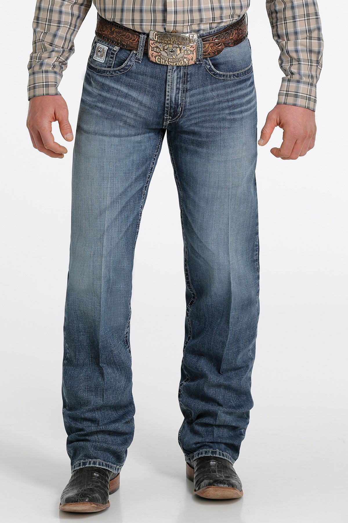 Cinch Men's White Label 045 Relaxed Fit Performance Jean, Medium Stone – front