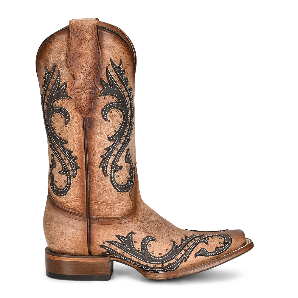 Circle G by Corral Women's Overlay Embroidery and Studs Square Toe Cowboy Boot, Brown/Grey – 3-4 front