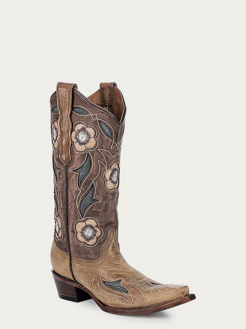 Circle G by Corral Women's Inlay and Embroidery Snip Toe Cowboy Boot, Sand – 3-4 front