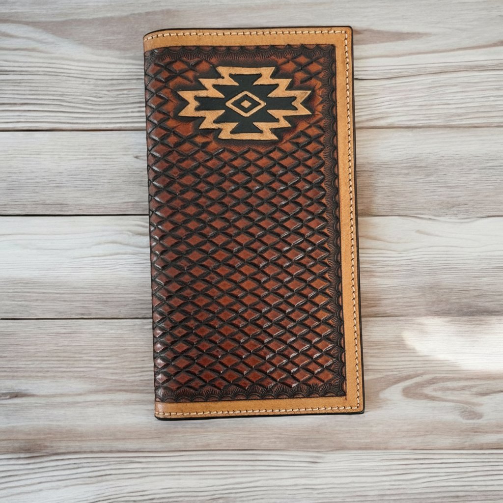 Circle SH men's brown basketweave tooled leather rodeo wallet with woven Aztec inlay strip