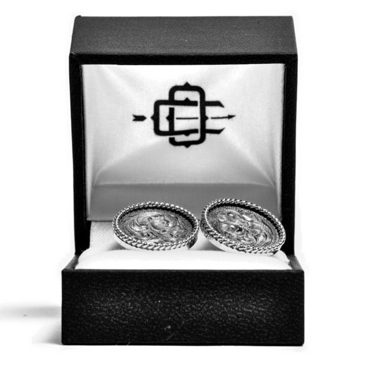 Clint Orms 1811 sterling silver rope edge cuff links in a black Clint Orms presentation box
