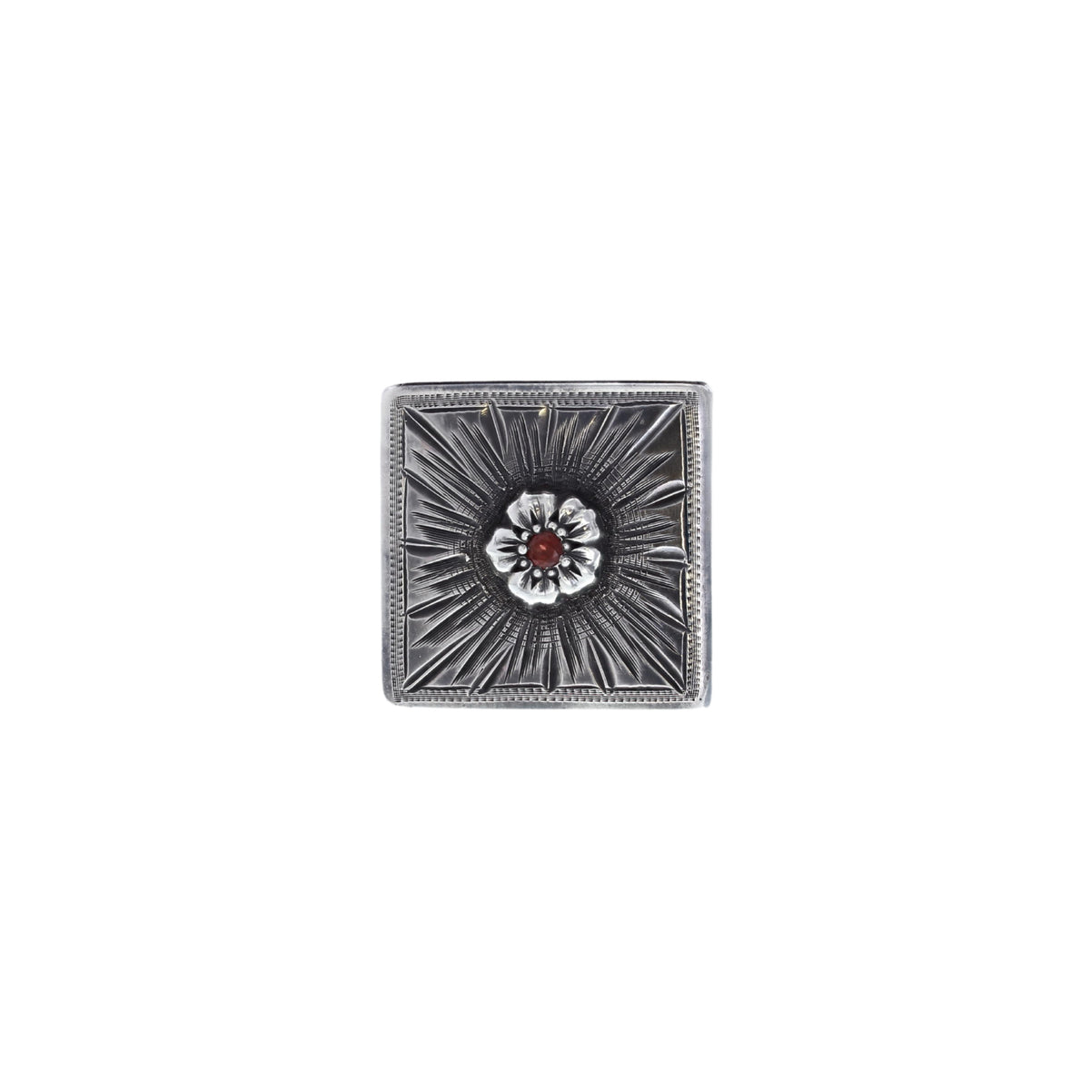 Clint Orms 1835 sterling silver concho scarf slide with a garnet center stone