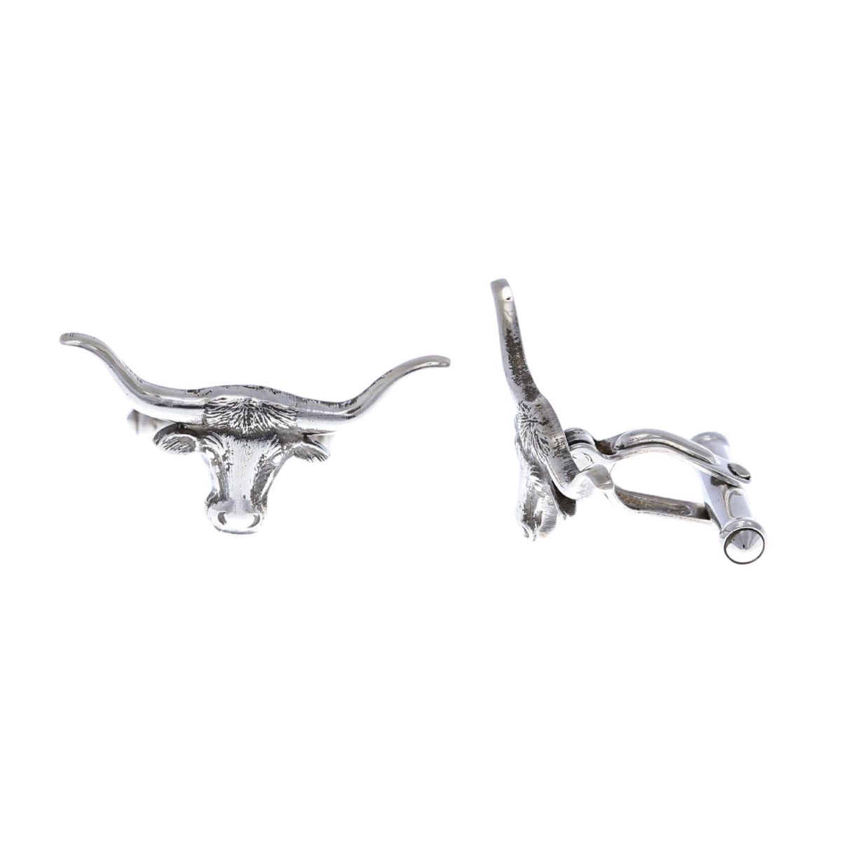 Clint Orms 2040 sterling silver longhorn cuff links, front and side view