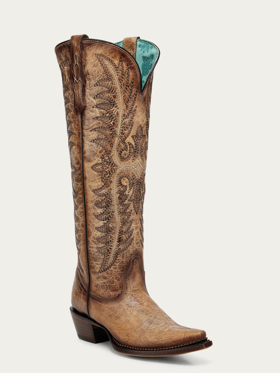 Corral Women's Embroidery Metallic Beaded Welt Snip Toe Tall Cowboy Boot, Sand – 3-4 front