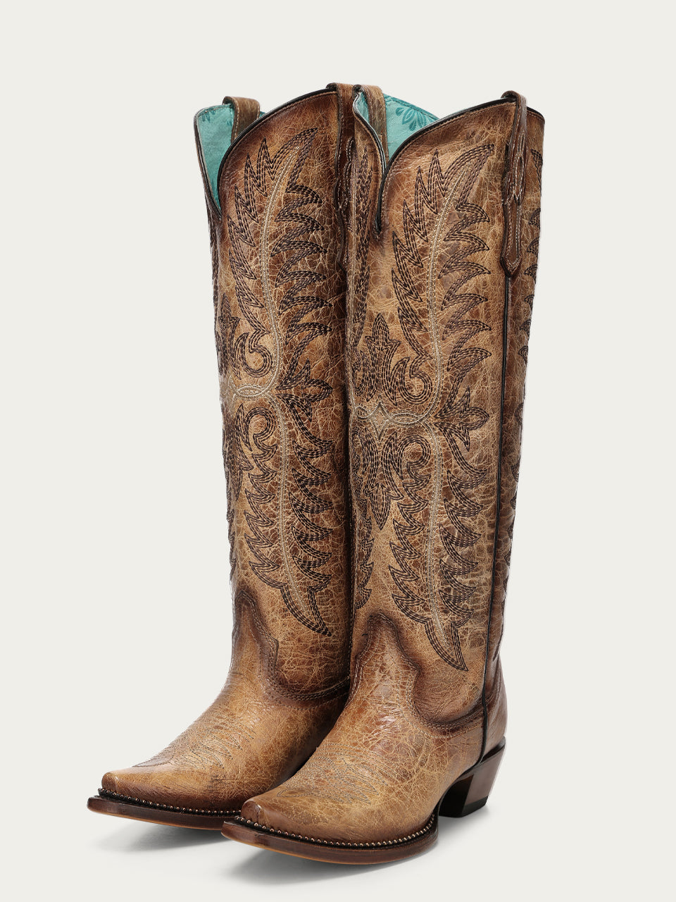 Corral Women's Embroidery Metallic Beaded Welt Snip Toe Tall Cowboy Boot, Sand – pair 3-4 front