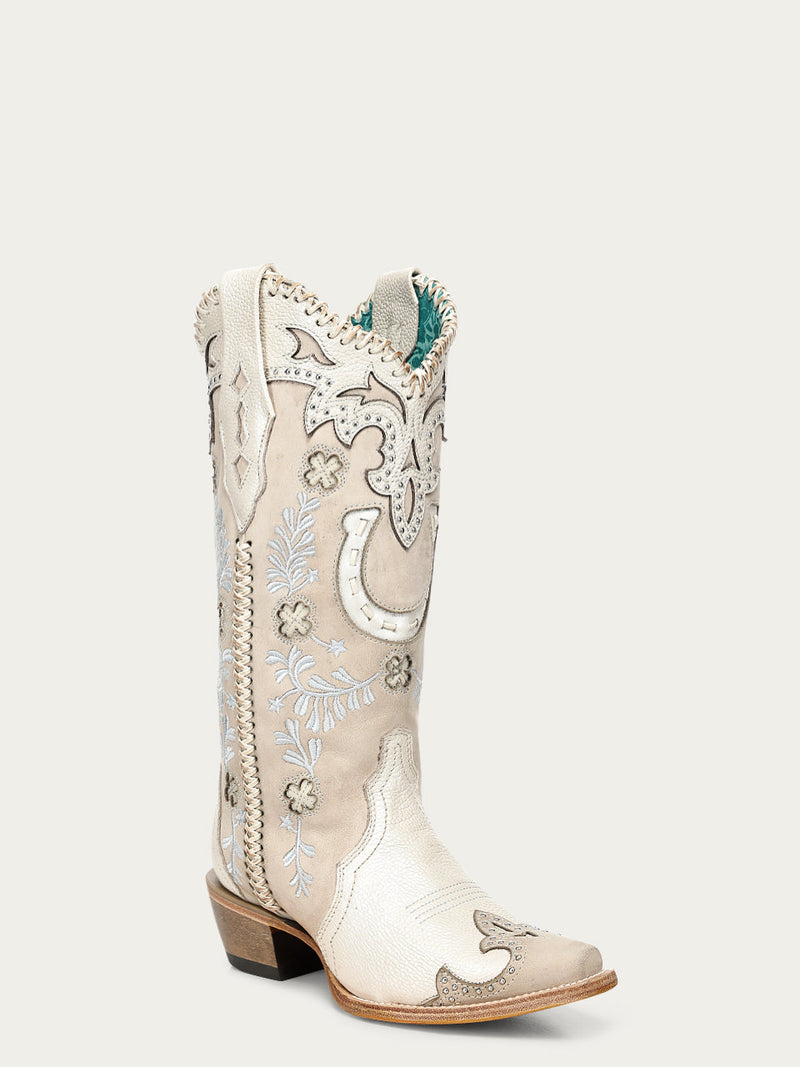 Corral Women's Horseshoe Overlay Embroidery and Handwoven Snip Toe Cowboy Boot, Bone – 3-4 front
