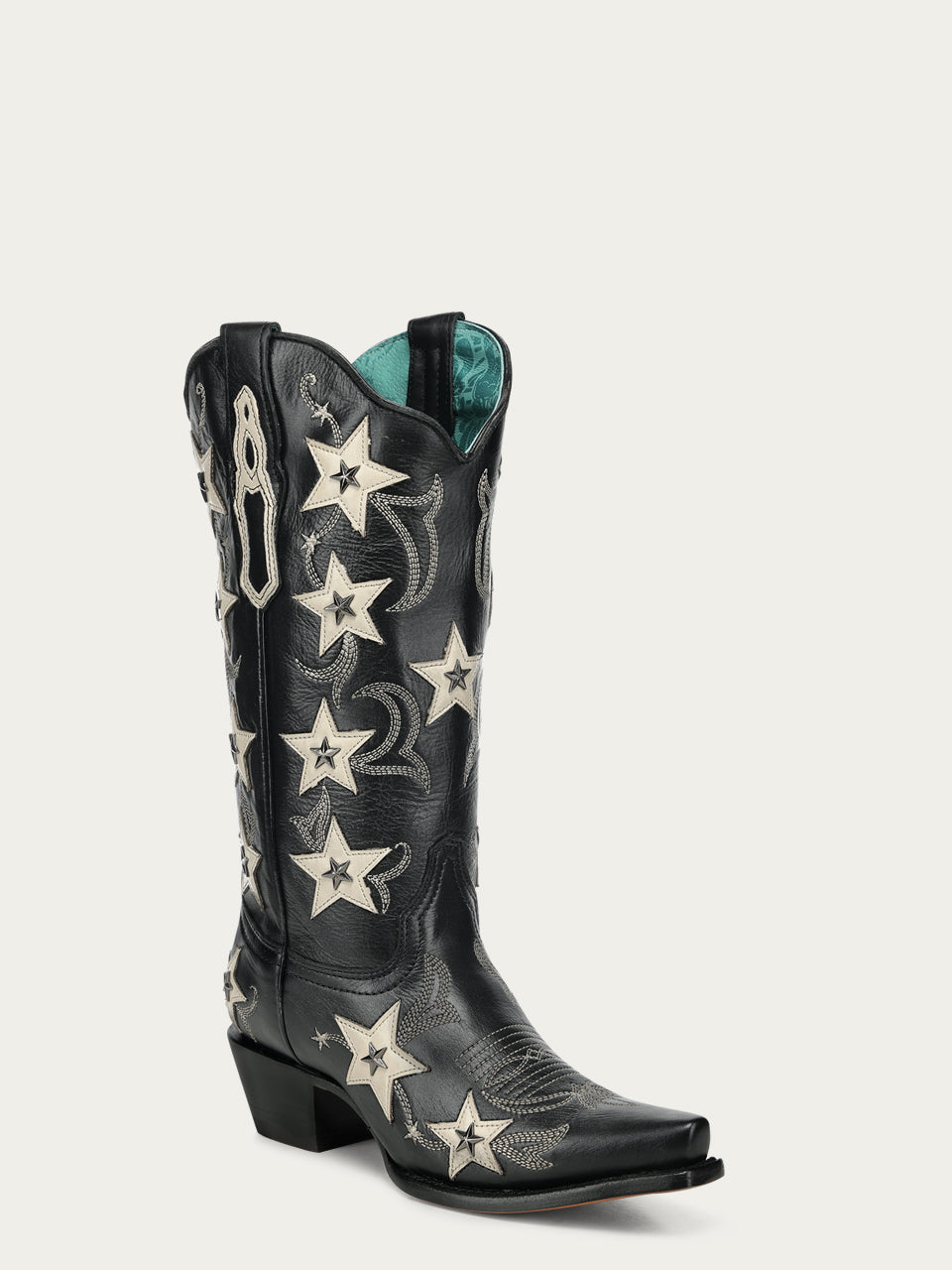 Corral Women's Embroidery Stars Overlay and Studs Snip Toe Cowboy Boot, Black – 3-4 front
