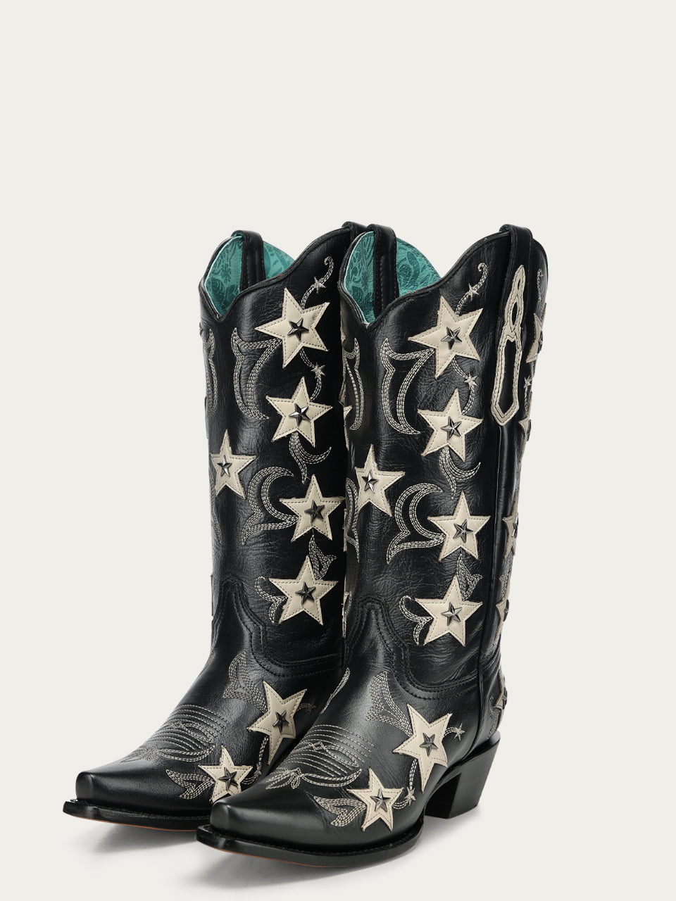Corral Women's Embroidery Stars Overlay and Studs Snip Toe Cowboy Boot, Black – pair 3-4 front