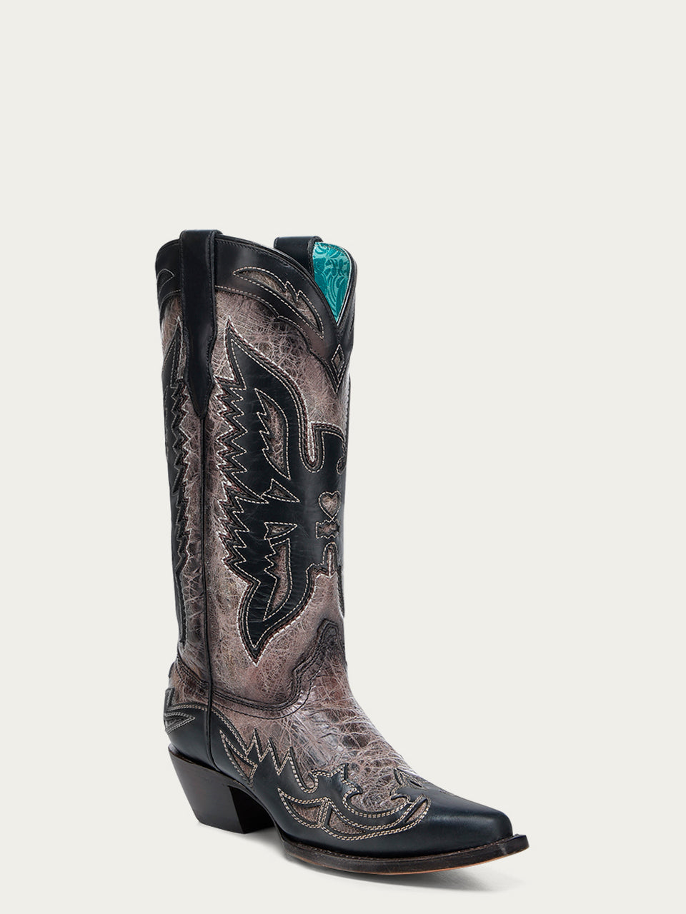 Corral Women's Eagle Overlay Snip Toe Tall Cowboy Boot, Brown – 3-4 front