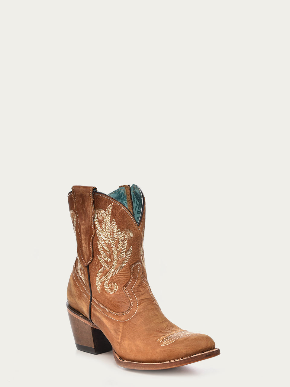 Corral Women's White Embroidery J-Toe Ankle Boot with Zipper, Golden Tan – 3-4 front