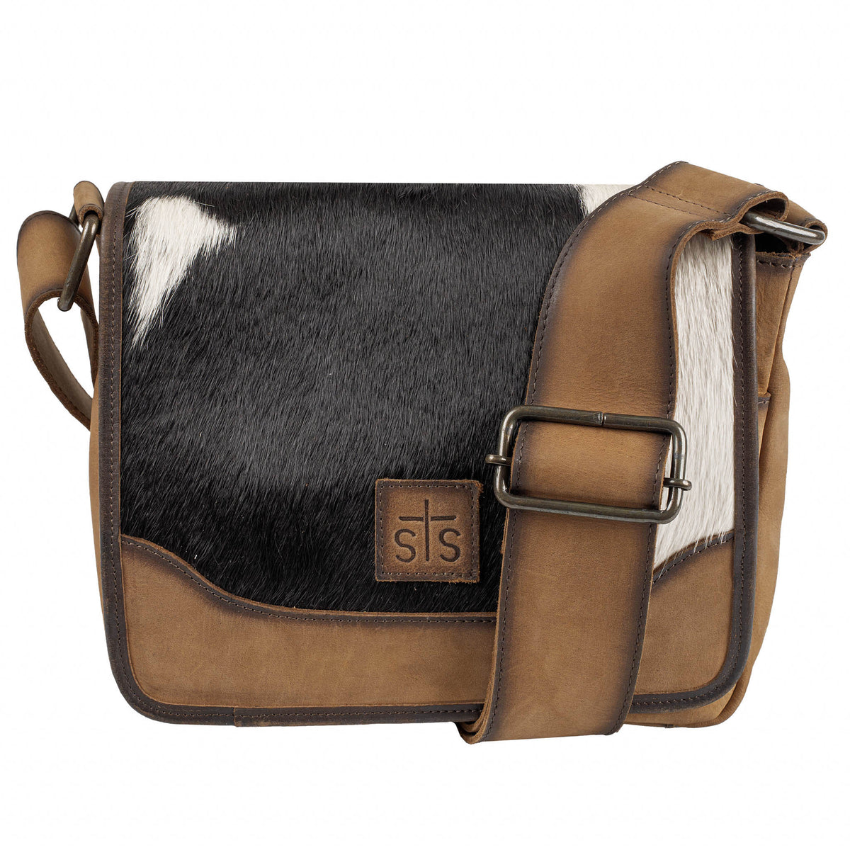 Brown cowhide Della crossbody bag by STS Ranchwear with adjustable strap and leather accents.