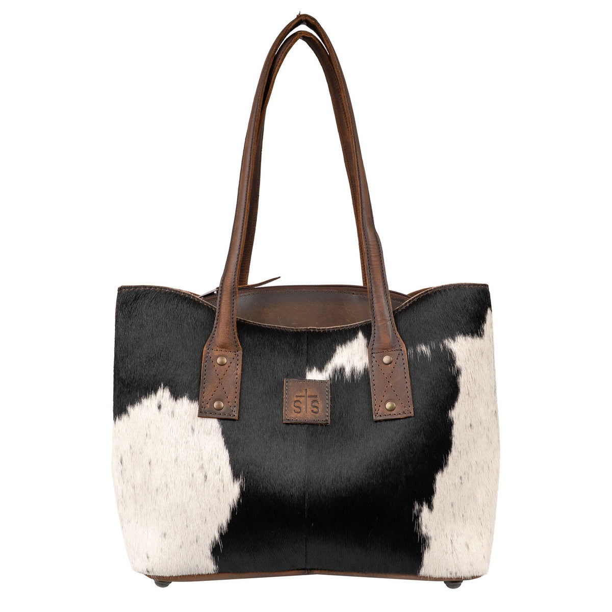 Cowhide Josie Tote by STS Ranchwear featuring a stylish, durable leather tote with cowhide accents and sturdy handles.