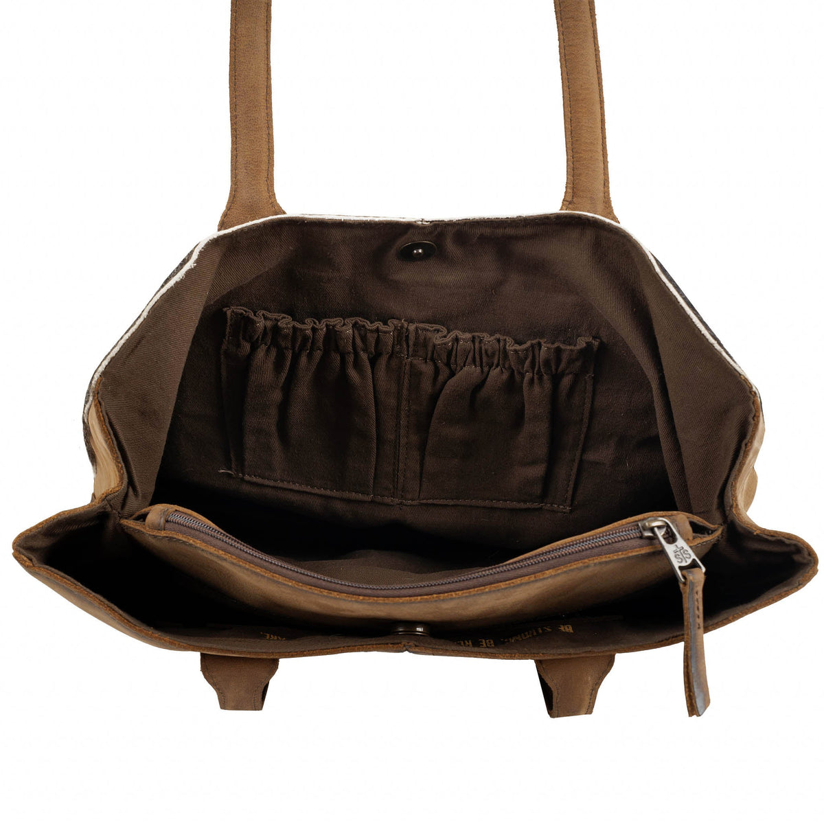 Cowhide Josie Tote by STS Ranchwear featuring a spacious, rugged leather tote with natural cowhide pattern and sturdy handles.
