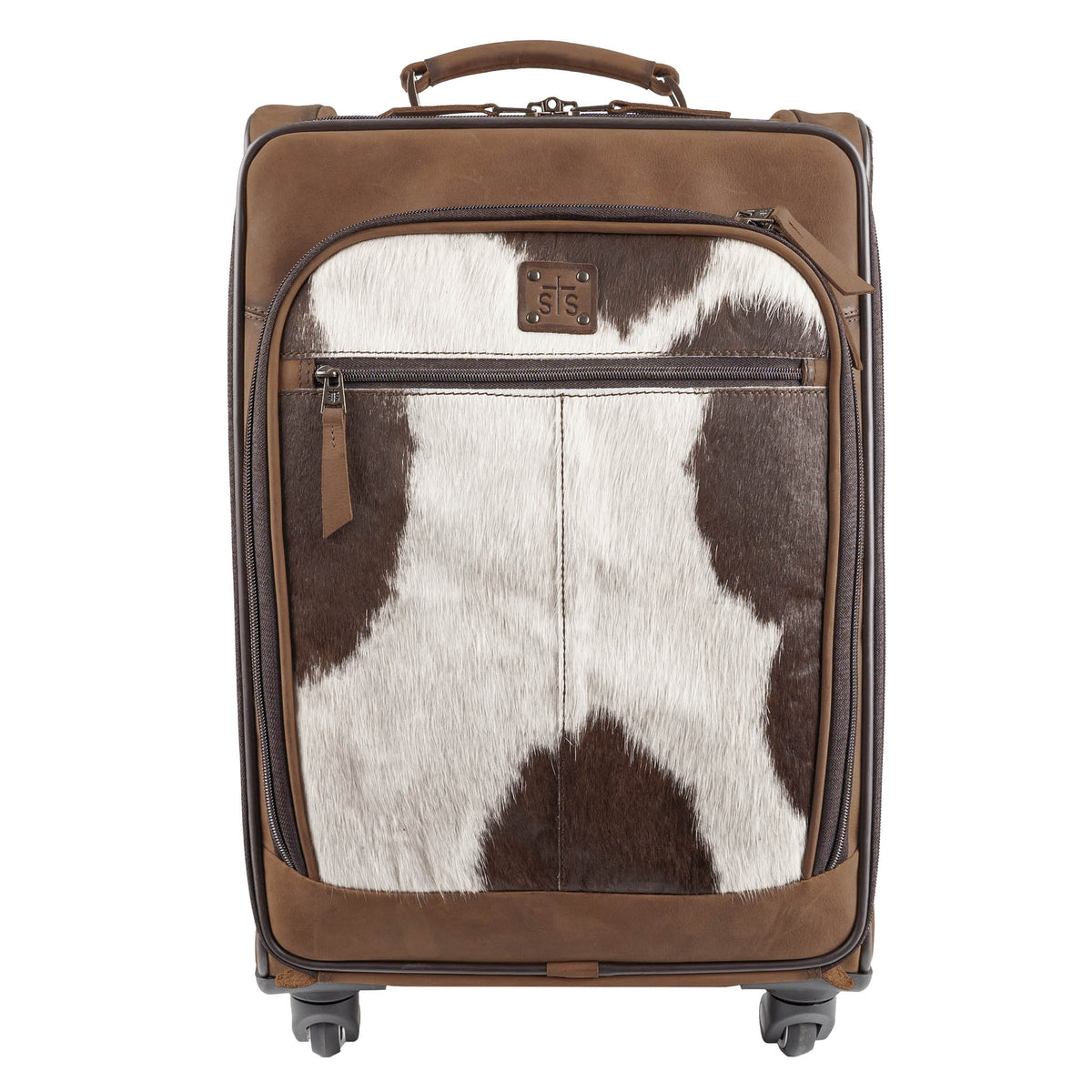 Cowhide rolling suitcase by STS Ranchwear with durable wheels and leather handle, showcasing natural cowhide pattern and craftsmanship.