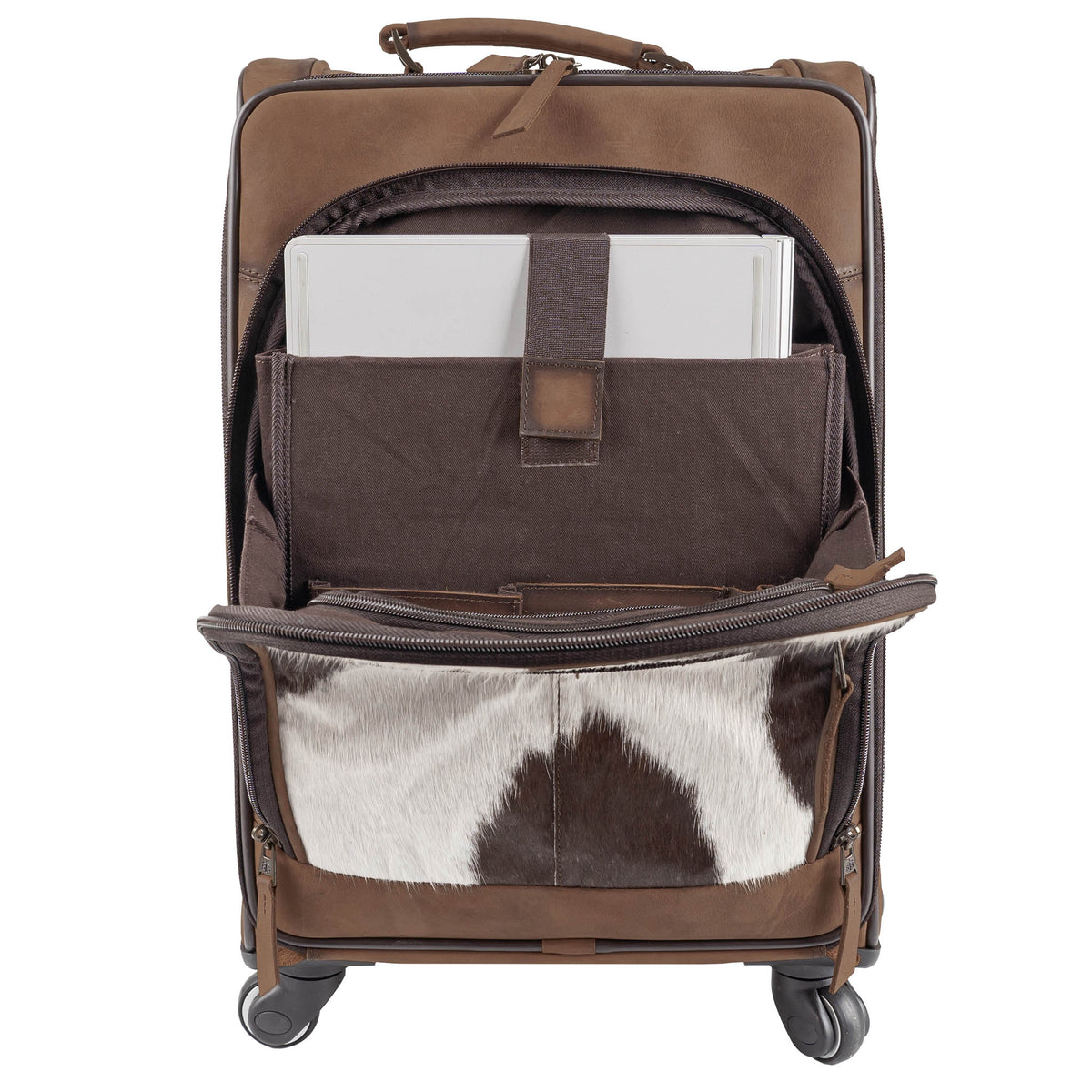 STS Ranchwear cowhide rolling suitcase with leather accents, featuring sturdy wheels and a spacious interior for travel.