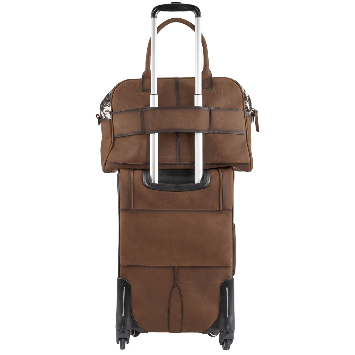 Durable cowhide rolling suitcase by STS Ranchwear with sturdy wheels and leather handle for travel durability.