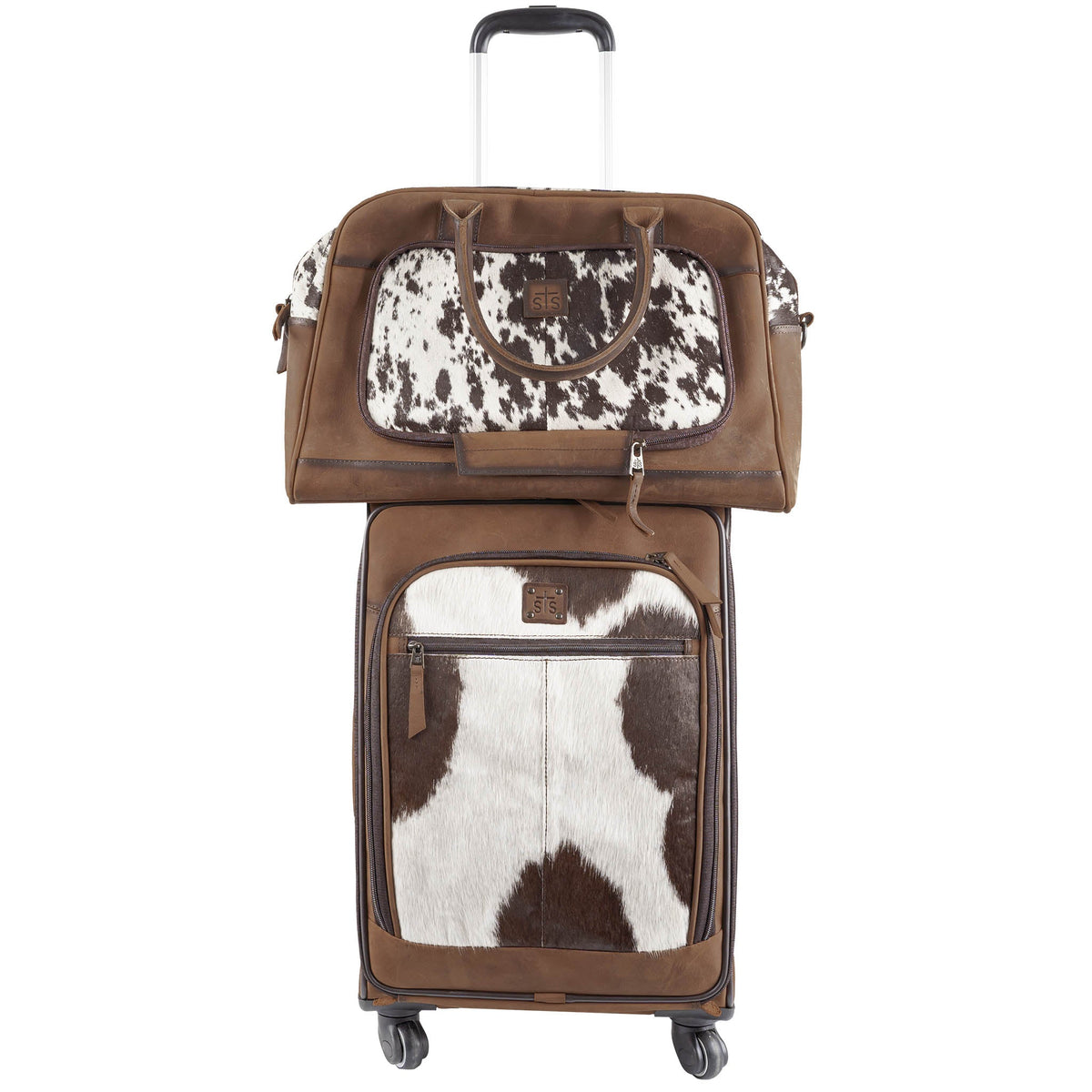 Cowhide rolling suitcase by STS Ranchwear featuring durable leather exterior and spacious interior for travel.