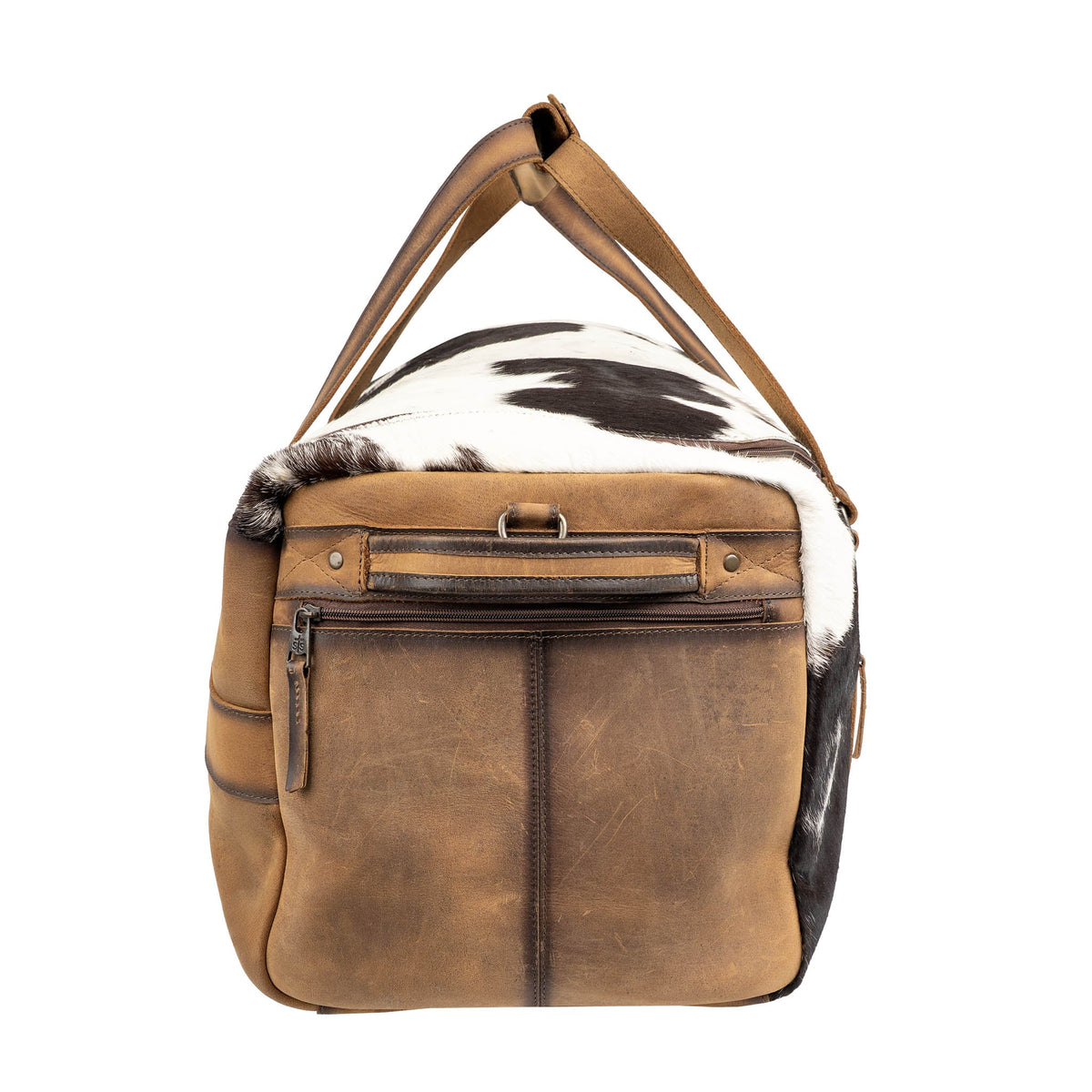 Brown cowhide Rustler Duffle bag by STS Ranchwear with leather straps and brass hardware, showing its spacious design and rugged style.