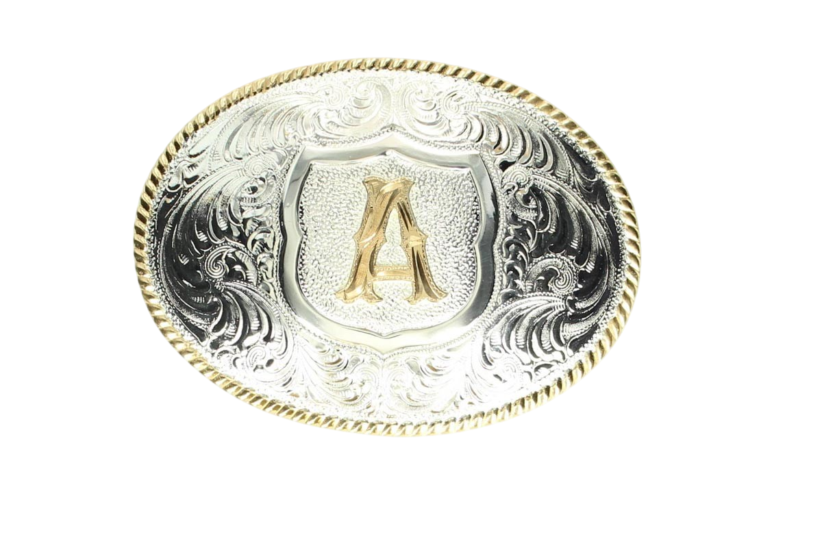 M&F Crumrine Oval Initial Belt Buckle in silver with engraved initials, designed for leather belts and casual or formal wear.