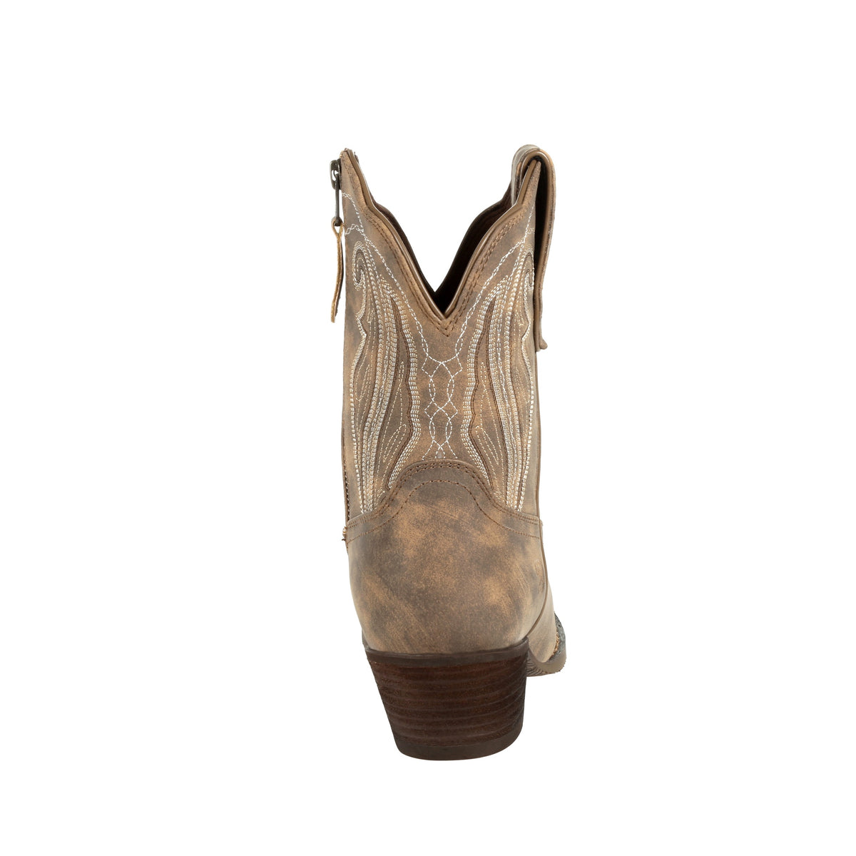 Durango Crush women's distressed shortie western boots with pointed toes and rugged leather finish, showcasing western style.