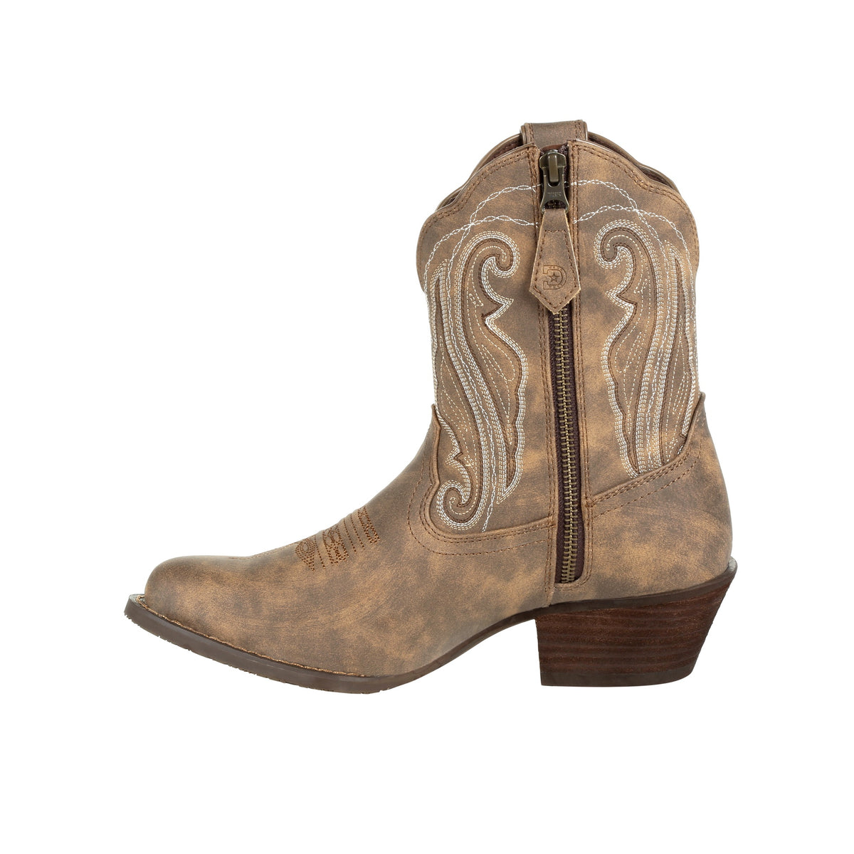 Durango Crush women's distressed shortie Western boots with pointed toe and stacked heel, crafted from rugged leather.
