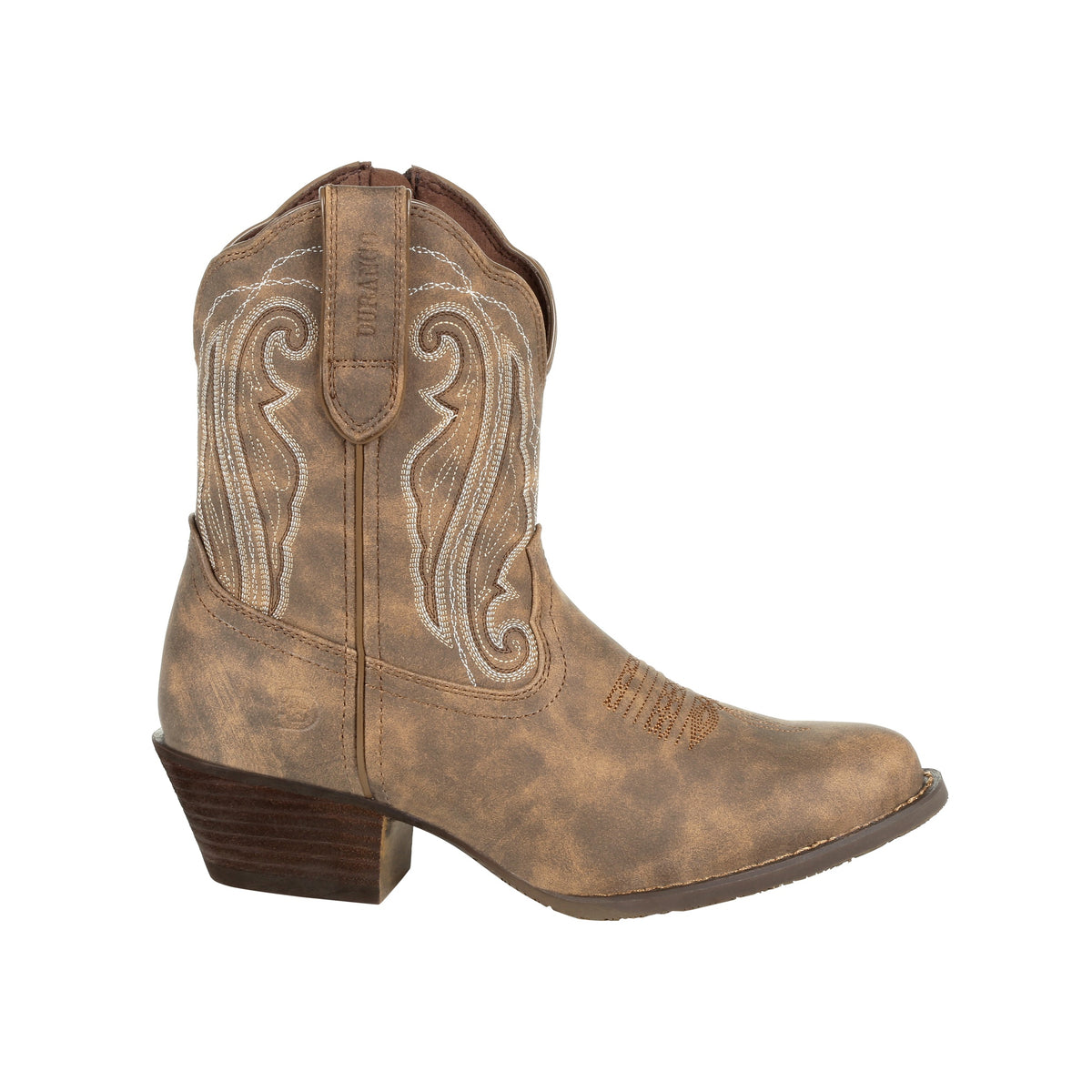 Durango Crush Women's Distressed Shortie Western Boots with pointed toe and stacked heel, featuring a rugged leather finish.