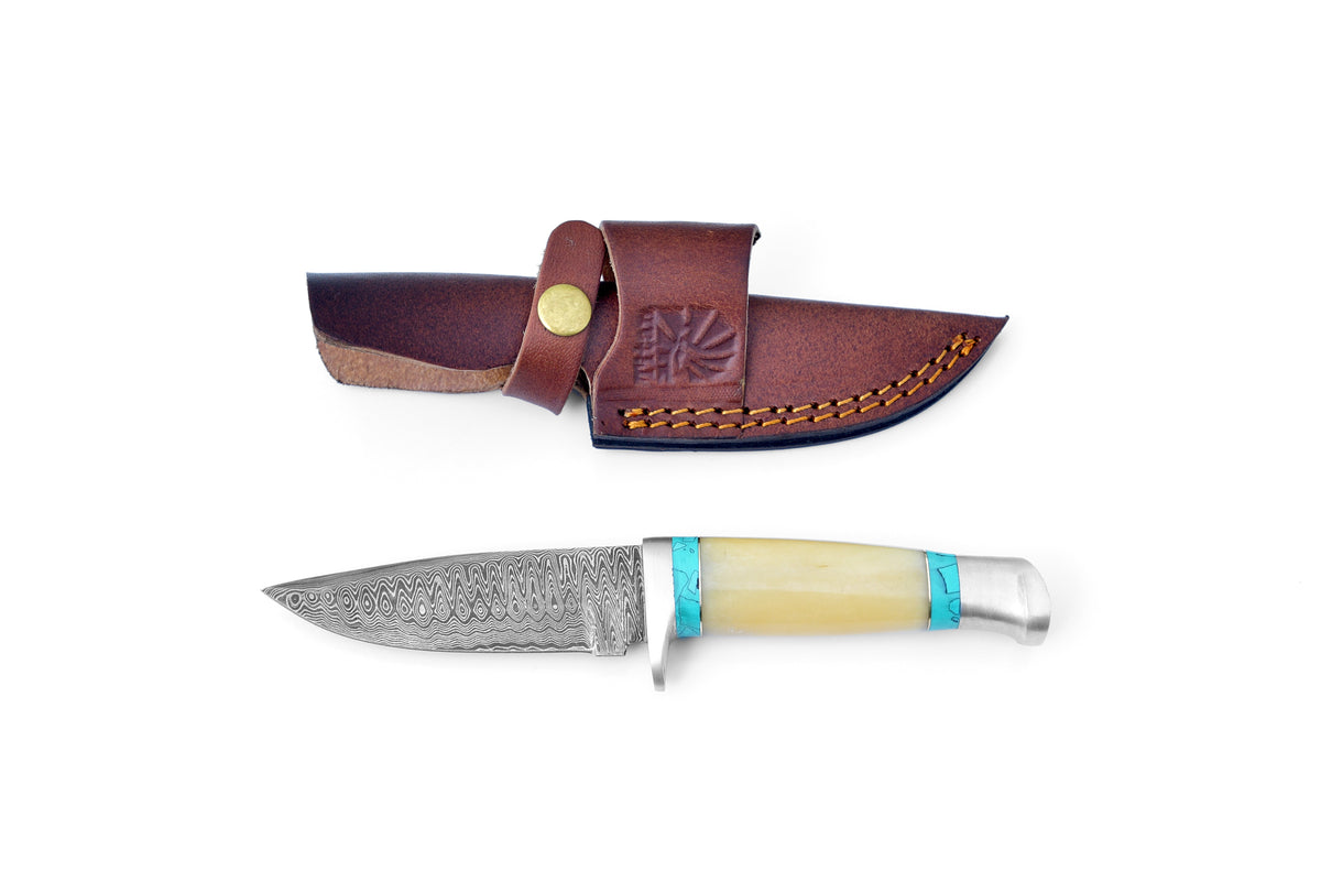 Titan International K Damascus steel hunting knife with a bone handle, ideal for camping and hunting, model TK-111.
