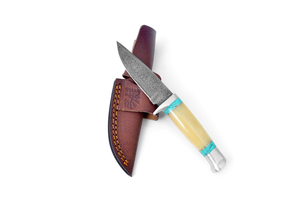 Titan International K Damascus hunting knife with bone handle, TK-111, crafted from durable Damascus steel for camping and hunting.