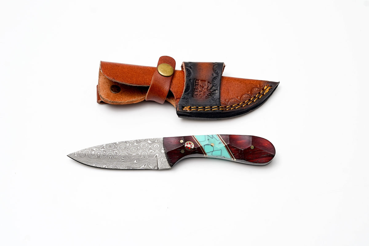 Damascus steel drop point hunter knife with faceted rosewood and turquoise handle, Scout Carry TK-497 by Titan International K.