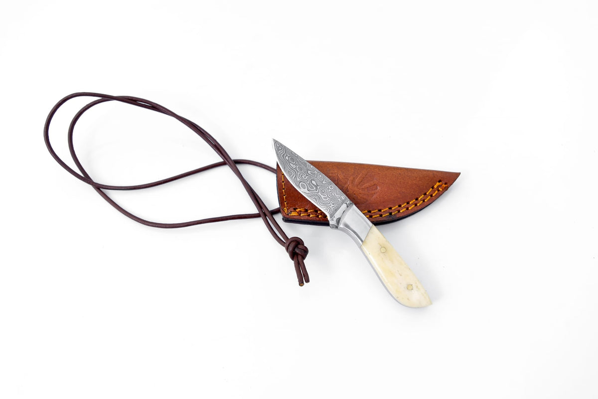 Damascus Steel Neck Knife TK-093 by Titan International K, featuring a patterned blade and compact design for versatile use.