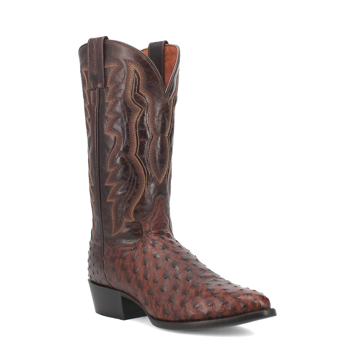 Dan Post Men's Pershing Full Quill Ostrich Boot, Brass – 3-4 front
