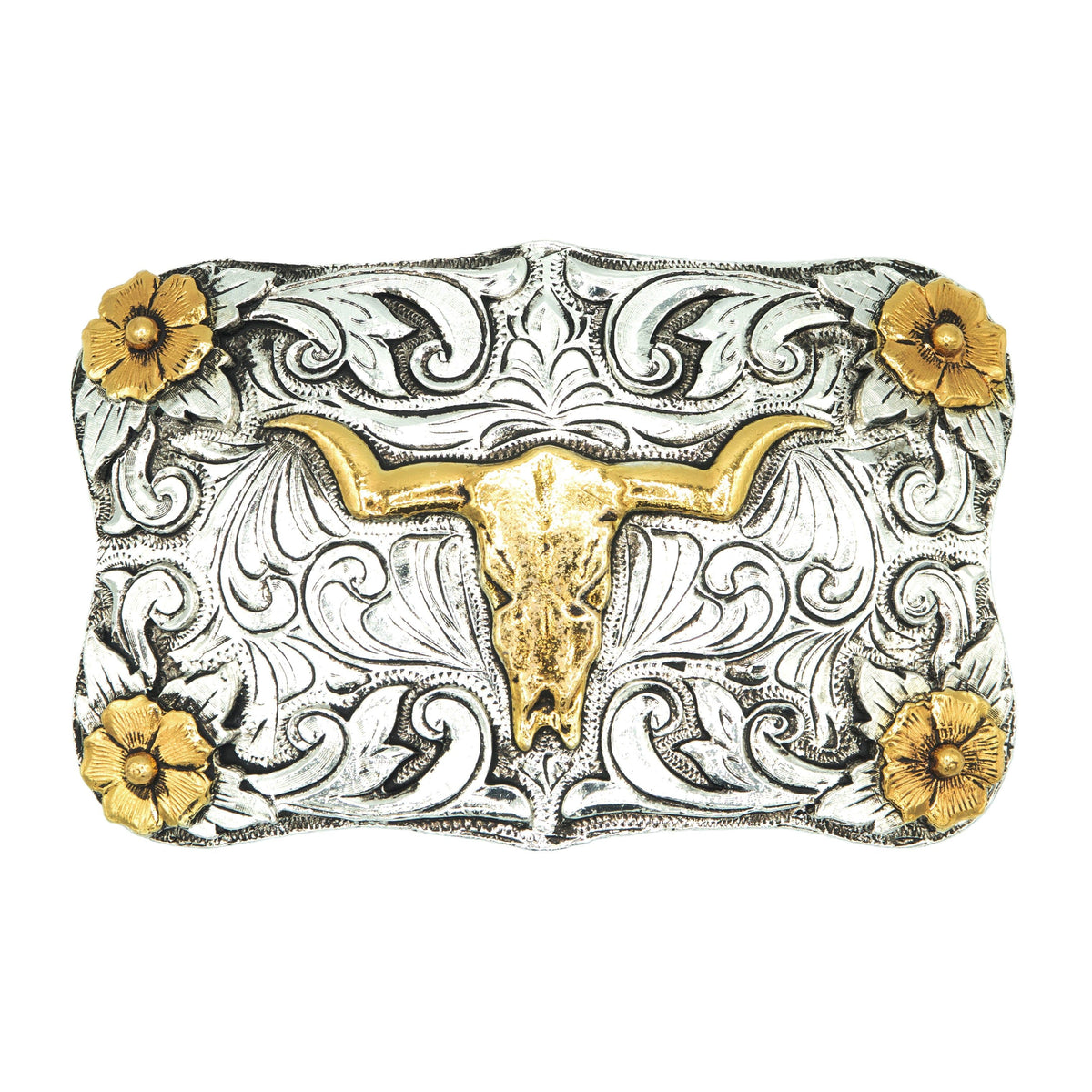 AndWest deer skull belt buckle with intricate classic flower detailing, crafted for a bold western-style accessory.
