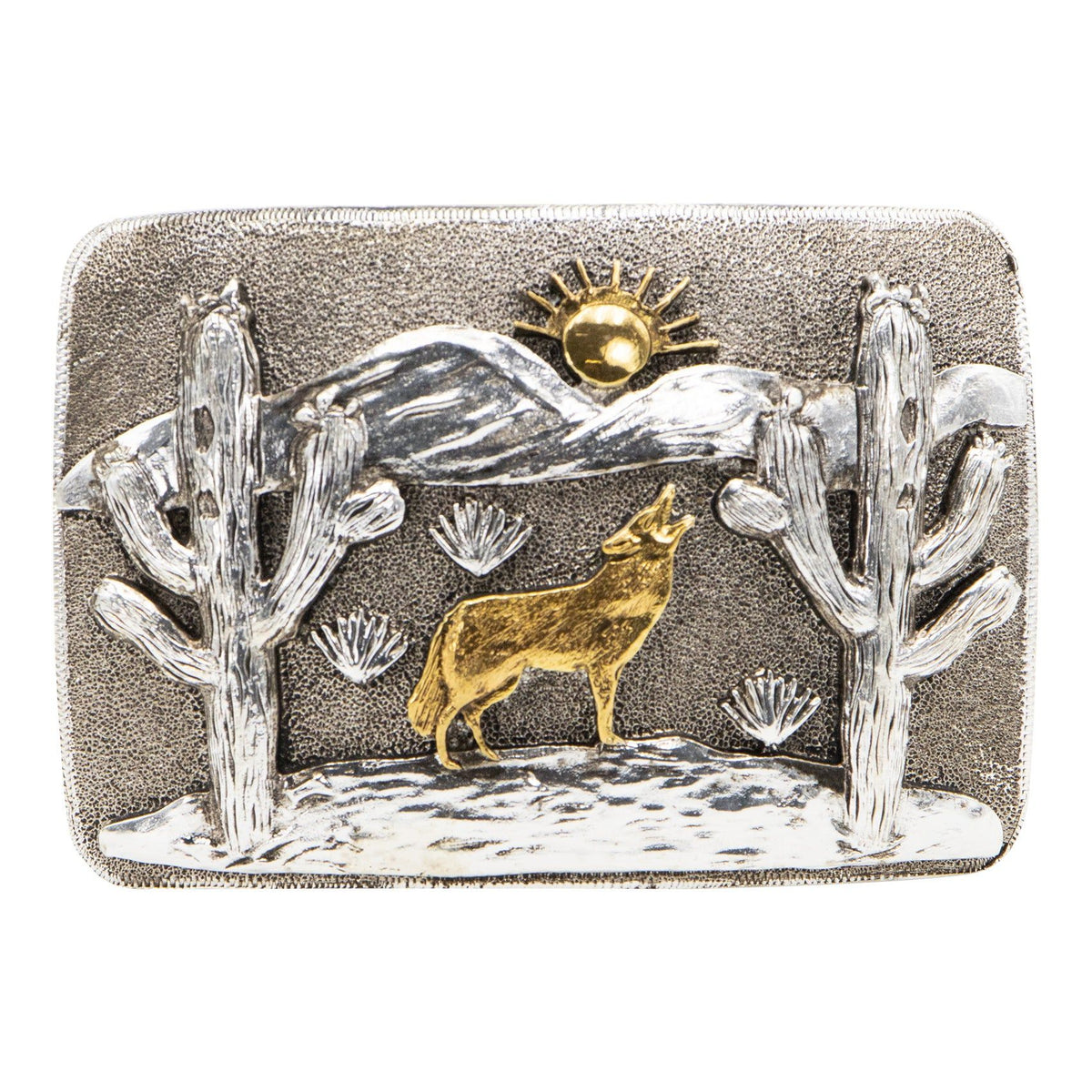 AndWest Desert Coyote belt buckle featuring a detailed coyote design on a silver-toned metal buckle for Western style.