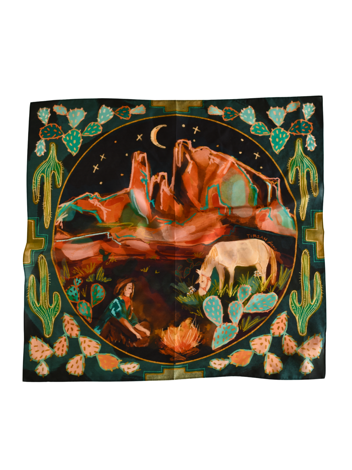 Tirzah Lane Art desert nights large 35x35-inch bandana made of 100% Mulberry silk with western-inspired desert design.