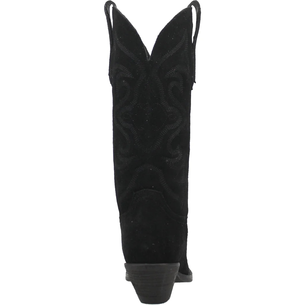 Dingo Women's Out West black boots with pointed toes and Western stitching, stylish cowboy-inspired footwear.