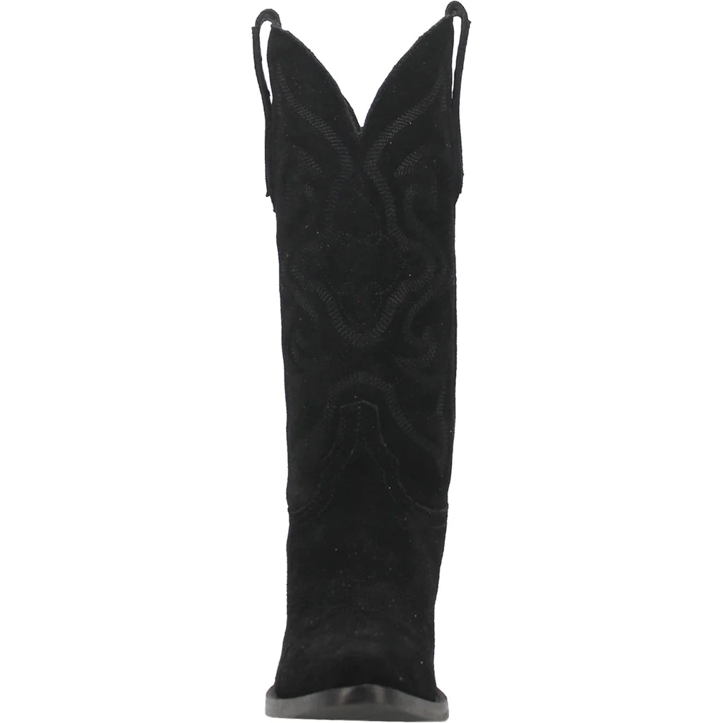 Dingo Women's Out West black cowboy boots with pointed toes and Western stitching, made of leather.