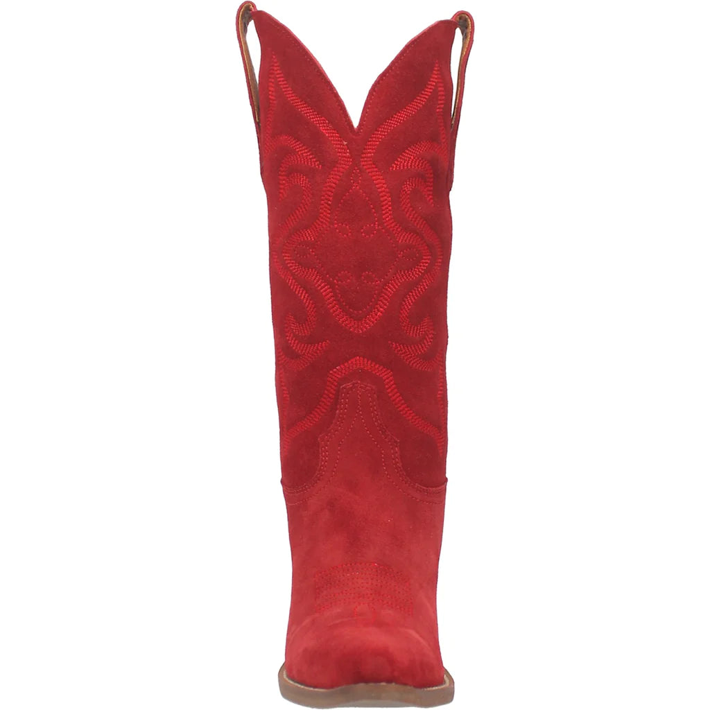 Dingo Women's Out West red cowboy boots with pointed toes and western stitching, stylish and durable footwear.