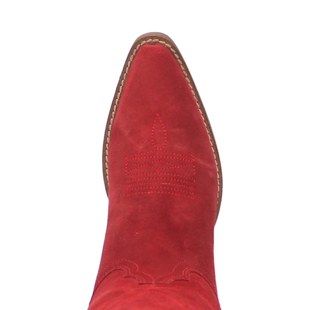 Dingo Women's Out West Red Boots with pointed toe and Western stitching, featuring a sturdy heel and classic cowboy style.