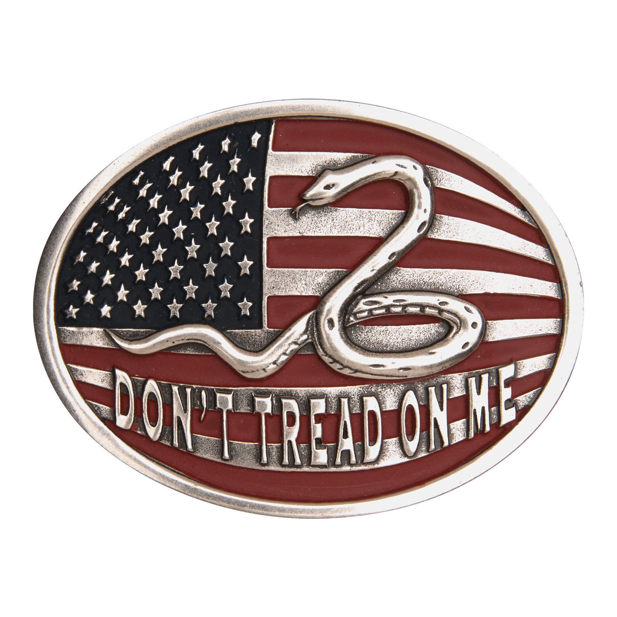 AndWest Don't Tread on Me belt buckle featuring a coiled snake design on a metal buckle for belts.