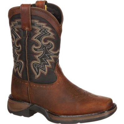 Durango Little Kid Western Boots in tan and black leather, featuring classic Western design and sturdy sole.
