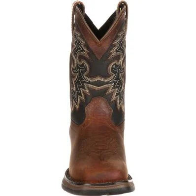 Durango Little Kid Western boots in tan and black leather with decorative stitching and pull tabs for easy wear.
