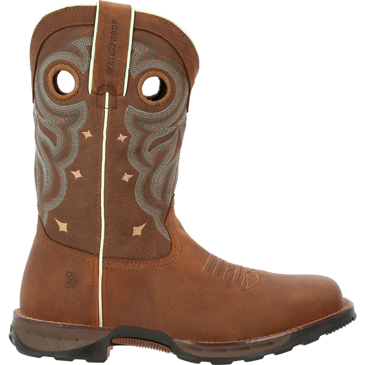 Durango Maverick women's steel toe waterproof western work boots with leather uppers and rugged outsole.