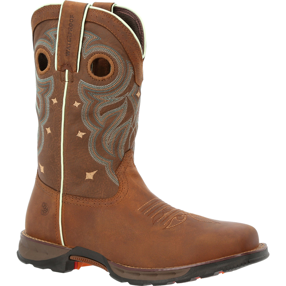 Durango Maverick women's steel toe waterproof western work boots with leather upper and sturdy outsole.